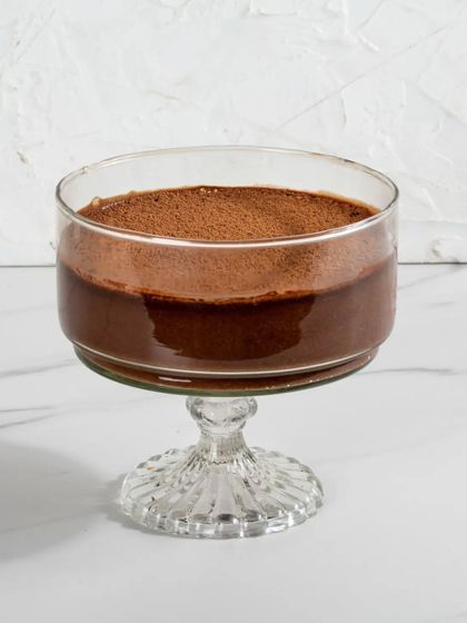 A single serving of my dark chocolate mousse in a classic dessert glass, a perfect gift or personal treat.