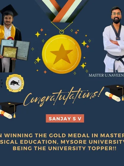 Beyond the mat, the principles of discipline lead to success in all areas. I congratulate my student Sanjay S V for not only winning a gold medal but also for being the university topper in his Master of Physical Education program.
