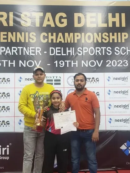 Our coaches celebrating with 10-year-old Akanksha Singhal after she won Gold in the U-13 girls category at the Delhi State Championship.