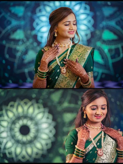 A diptych of the bride looking radiant in her green saree against a creative mandala background. These portraits are a beautiful blend of tradition and modern artistry.