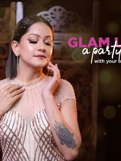 This graphic highlights how to "glam up a party with your look". The makeup is confident and radiant, designed to make you the center of attention.