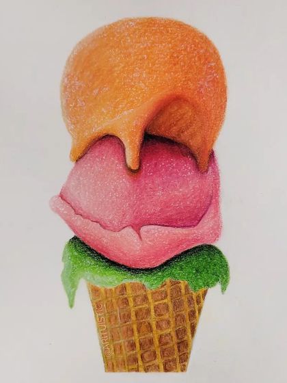 A finished colored pencil drawing of a three-scoop ice cream cone. I had fun with this one, using bright colors and focusing on the texture of the ice cream and the cone.