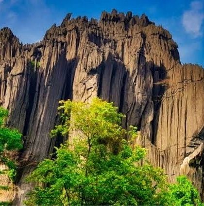 The striking black rock formations of Yana, standing tall against the bright green foliage.