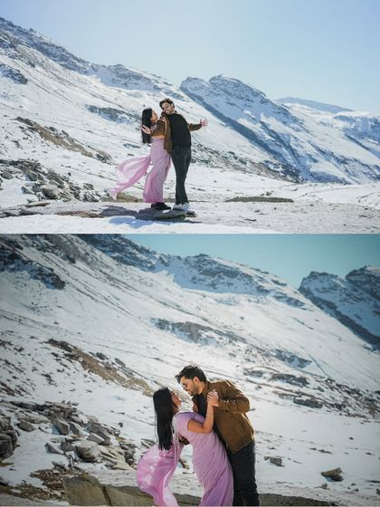 Two beautiful moments from a Manali snow shoot, showing both a playful pose and a romantic dance against the vast mountain scenery.