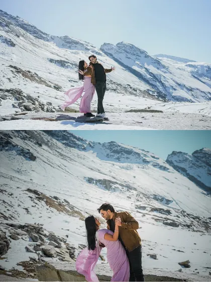 Two beautiful moments from a Manali snow shoot, showing both a playful pose and a romantic dance against the vast mountain scenery.