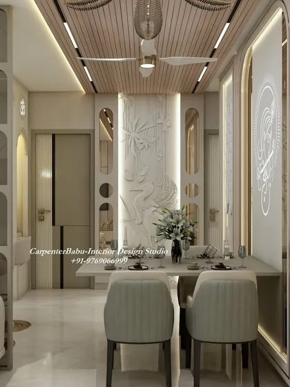 This dining area is a work of art, with a wooden ceiling, a 3D wall mural, and elegant paneling. The design creates a sophisticated and intimate atmosphere for dining.