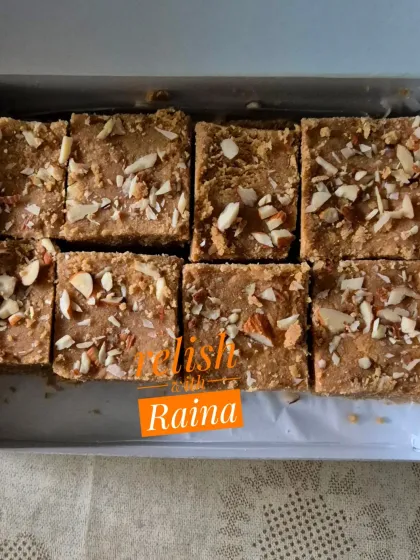 A tray of freshly made Gur Padi before being boxed. The aroma of ghee and jaggery is simply irresistible when I make this.