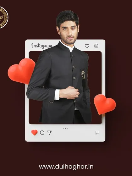 An Instagram-themed post featuring our classic black Bandhgala, highlighting its social media-worthy appeal.
