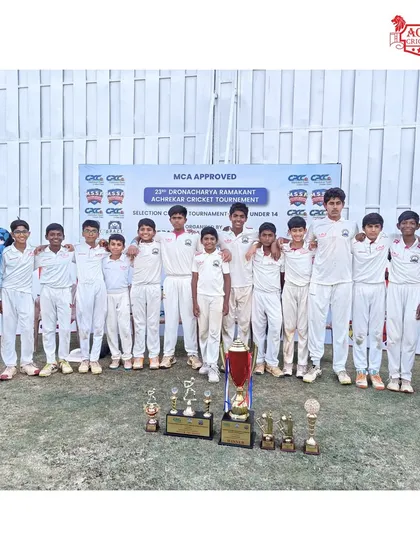 The complete U-14 squad with their trophies after a successful campaign in the MCA-approved Dronacharya Ramakant Achrekar tournament.