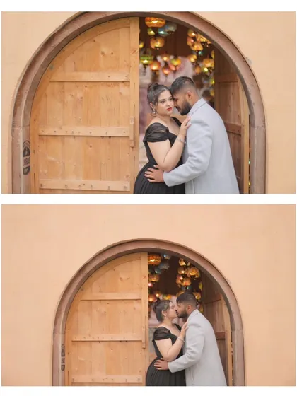 Two portraits capturing an intimate moment in an arched doorway, with the magical glow of lamps visible inside. This pairing shows both a loving gaze and a gentle kiss, highlighting the romance of the themed setting.