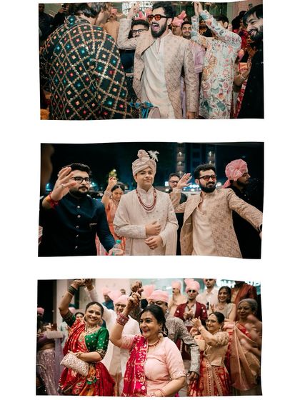 A collage capturing the energy of the baraat, with the groom and his friends dancing their way to the wedding venue.