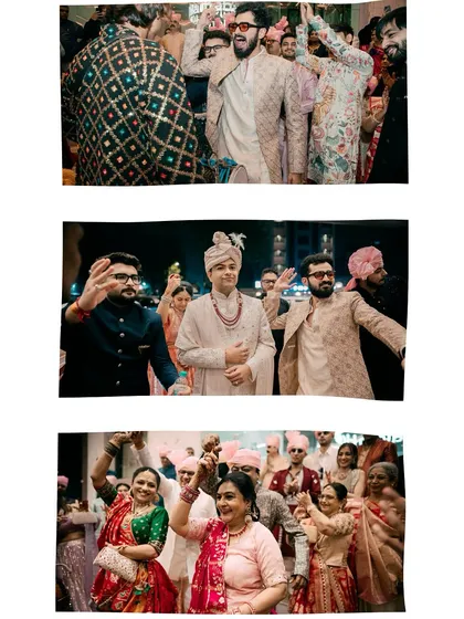 A collage capturing the energy of the baraat, with the groom and his friends dancing their way to the wedding venue.