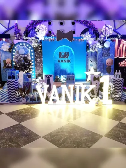 For the little boss in your life, I design sharp and stylish Boss Baby themed birthday parties. This stage setup features a clean blue and white palette, custom backdrops, marquee letters for the name, and character cutouts for a fun, corporate-chic vibe.
