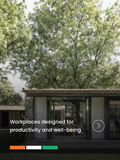 This graphic from our Independence Day series highlights our focus on designing workplaces for productivity and well-being. The image shows our studio, a space that is open, green, and connected to its natural surroundings.