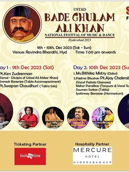 The announcement for the Ustad Bade Ghulam Ali Khan festival in Hyderabad, where I accompanied Ken Zuckerman ji.