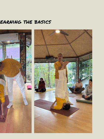 Learning the basics of Sirsasana (headstand) and Adho Mukha Svanasana (downward dog) at a yoga retreat in the quiet village of Andretta, Himachal.