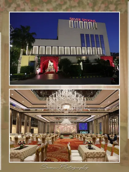 A collage showcasing the grand wedding venue, "Silver Spoons," including its exterior and lavishly decorated interior.