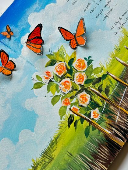 A close-up of the butterfly and rose landscape, showing the detail in the flowers and the texture of the gouache paint.