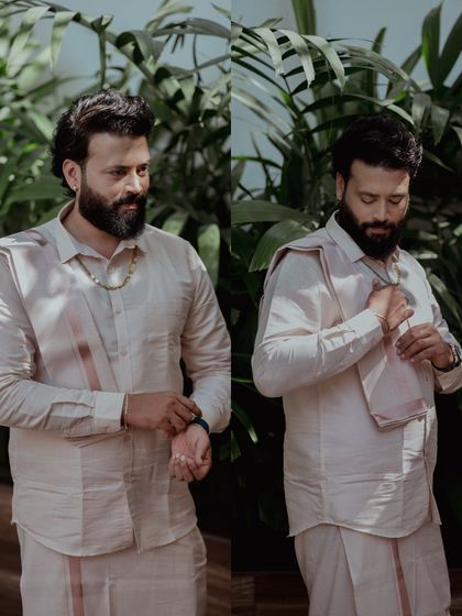 A collage of a groom's portraits, capturing his confident and stylish look in traditional attire.