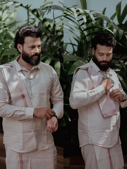 A collage of a groom's portraits, capturing his confident and stylish look in traditional attire.