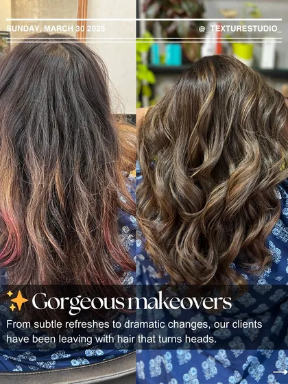 A gorgeous makeover in a single frame. This before-and-after shows a transformation from faded color to a rich, dimensional brunette with healthy, styled waves.