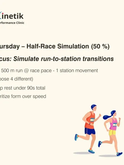 A half-race simulation is a great way to practice transitions. This workout involves running 500m at race pace followed by one station movement, repeated four times, to simulate the run-to-station demands.