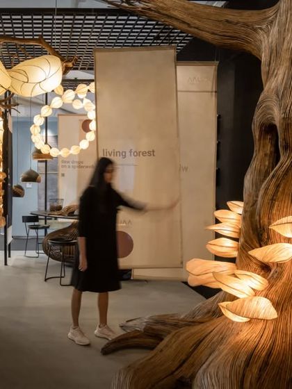 Here you can see how a visitor interacts with the 'Living Forest' space. We design for human scale and curiosity, encouraging people to touch, feel, and get closer. The layout was intentionally open to invite exploration and create personal moments of connection with the products.