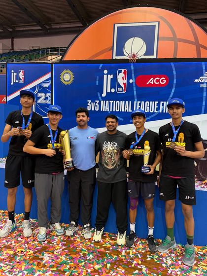 The whole squad celebrating their win at the Jr. NBA 3x3 National League Finals. We train as a team, we win as a team. This is the #ballinfam way.