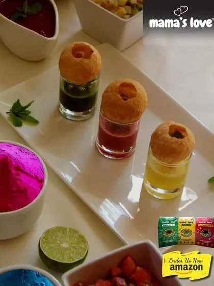 My pani puri, served in colourful shot glasses, is a great addition to any Holi party menu. It's delicious, fun to eat, and looks so festive.