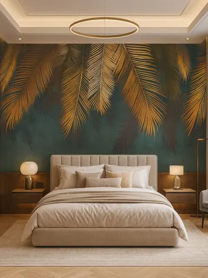 A luxurious bedroom design featuring a 3D wallpaper of golden palm leaves against a dark teal background. This creates a sophisticated, tropical-inspired retreat.