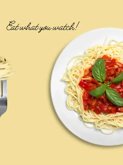 "Eat what you watch!" A simple, direct, and delicious invitation to our Eat Pray Love screening. The image of a perfect plate of spaghetti promises a taste of Italy and the start of a flavorful journey.