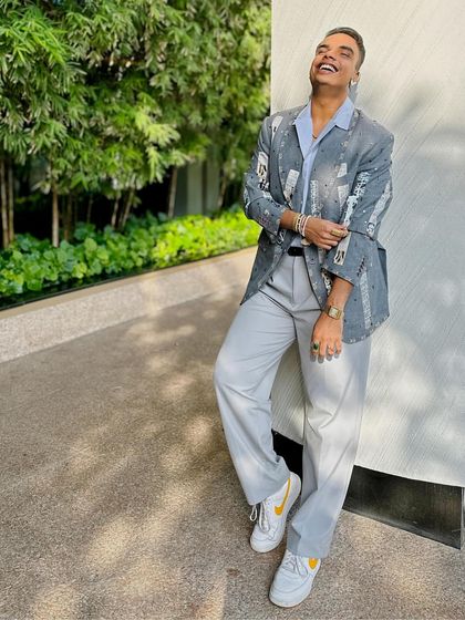 Shravan Shah embraces bold style with our Paradox Suit jacket. Handcrafted with intricate embroidery and silver studs, this piece is a perfect blend of tradition and innovation.