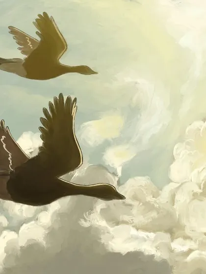 Birds soaring freely through the clouds. This painting is about freedom and hope. I enjoy creating simple, symbolic pieces that convey a strong emotion or idea.