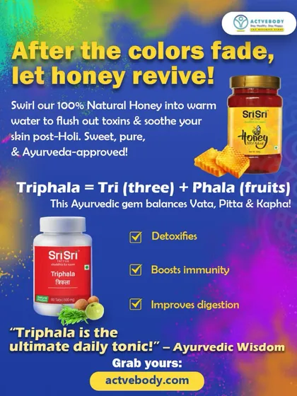 After the colors of Holi fade, let Ayurveda revive you. This image combines the benefits of two post-Holi rituals: drinking warm water with my 100% Natural Honey to flush toxins and taking Triphala to improve digestion and immunity.