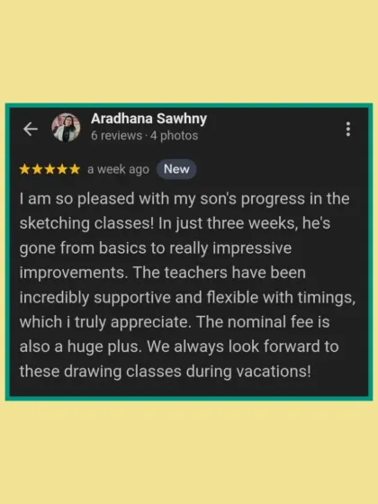 It's amazing to see progress in just a few weeks. This parent was pleased with their son's journey from basics to impressive improvements in our supportive and flexible sketching classes.