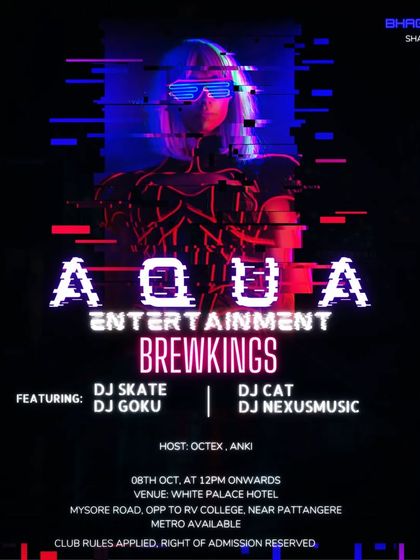 "Aqua Entertainment" flyer for a futuristic, cyberpunk-themed party at Brewkings.