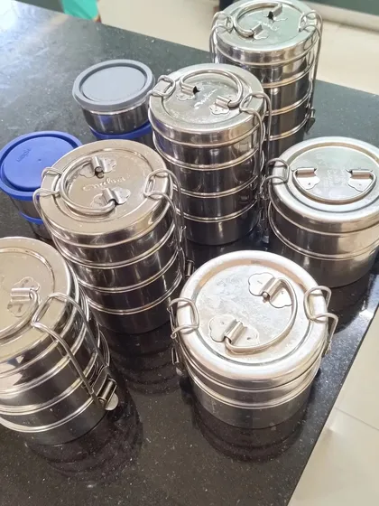 Packing starts. A view of the tiffins lined up, ready to be filled with fresh, home-cooked food for my monthly subscribers.