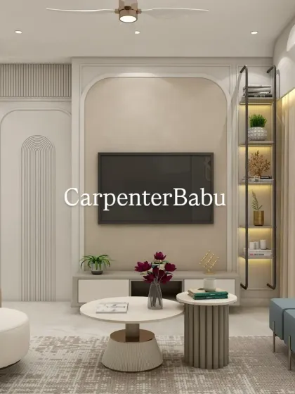 The TV unit is framed by an elegant arch and features a mix of open and closed storage. The design is clean and functional, keeping the focus on the entertainment center.
