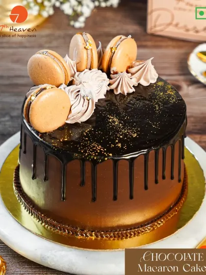 For the ultimate chocolate lover, we present our Chocolate Macaron Cake. This masterpiece features a rich chocolate drip cake adorned with delicate, freshly made chocolate macarons and elegant frosting.