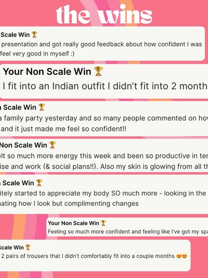 A collection of non-scale wins. Fitting into an old Indian outfit, getting compliments on their "glow," and feeling their spark come back. This is the real transformation.