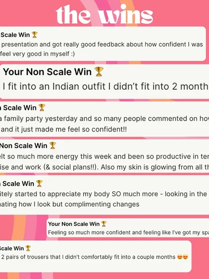 A collection of non-scale wins. Fitting into an old Indian outfit, getting compliments on their "glow," and feeling their spark come back. This is the real transformation.