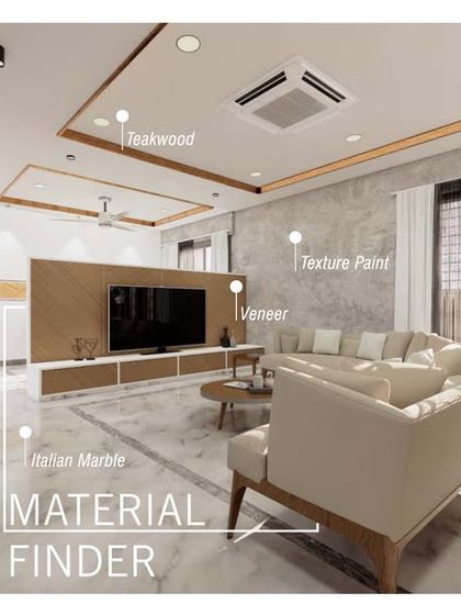 An annotated render of the same living room, pointing out the specific materials like veneer and Italian marble that will be used in the project.