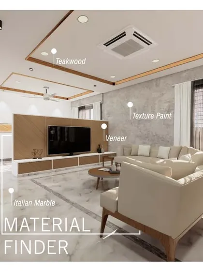An annotated render of the same living room, pointing out the specific materials like veneer and Italian marble that will be used in the project.