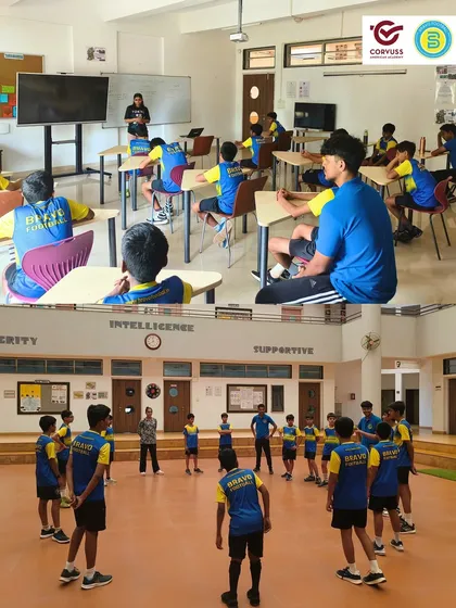 This collage shows our student-athletes in a theory session in a modern classroom and participating in a team-building exercise in the school hall, showcasing the varied aspects of our curriculum.