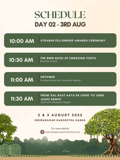 The morning schedule for Day 2 of the Bengaluru Poetry Festival, including an awards ceremony and a session on emerging poets.