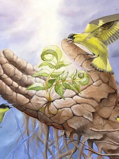 'Sapling' is about the nature of belief. The hand, cracked and stone-like, represents rigid ideas, while the young sapling breaking through symbolizes the pliable, ever-growing trust of life. It’s a visual metaphor for growth overcoming stagnation.