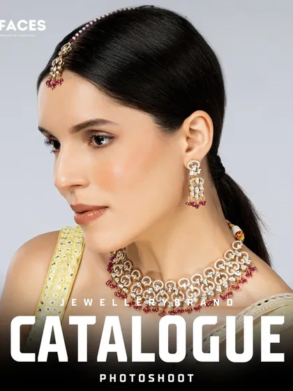 A side-profile shot highlighting a maang tikka and matching necklace set. This angle is effective for showing how different pieces in a collection work together.