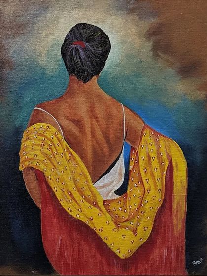 An acrylic painting from my archives, focusing on the human form with rich color and a dramatic background. The yellow and red saree adds a vibrant touch to the composition.