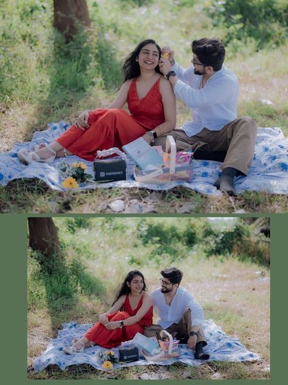 Two candid moments from a picnic shoot. The groom-to-be placing a flower in her hair is a small, sweet detail that makes the photo special.