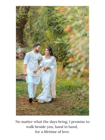 A romantic walk through a lush garden path. This shot captures a simple, happy moment that is part of every couple's journey, framed by beautiful natural scenery.